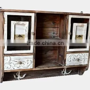 Antique Wooden Kitchen Cabinet, Vintage Wooden Cupboard With 4 Photo Openings thumbnail-3