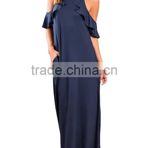 Wholesale Boutique Clothing China Women's Casual Cold Shoulder Ruffle Long Dresses for Women Islamic thumbnail-4