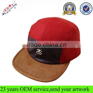 Leather Strap Suede Brim Leahter Front Panel and Red Melton 5 Panel Cap thumbnail-1