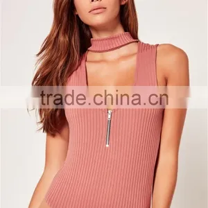 MGOO Elegant 95% Cotton 5% Spandex Bodysuits Ribbed Choker Neck Pink Tops Sleeveless Zip Up Tops thumbnail-5