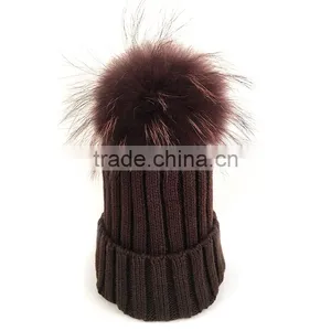 Myfur Men Wool Blend Acrylic Knitted Hat With Fluffy Raccoon Fur Pom Pom thumbnail-1