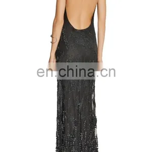 Ladies Long Night Dress Sexy Black Gown Sexy Open Back Dresses Embellished Tulle Evening Gown thumbnail-3