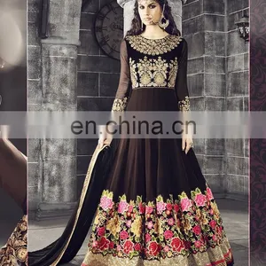 Brown Colored Pure Georgette Heavy Embroidered Suit. thumbnail-1
