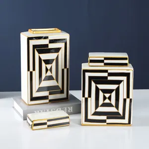 Nordic Style Creative Household Decoration Geometry and Tree Painting Cube Ceramic Flower Vase As Table Storage Jar With Lid thumbnail-5