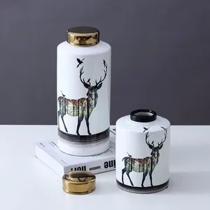 Nordic Style Deer Flower Graffiti Painting Cylinder Ceramic Dried Flower Storage Vases Set For Dining Room thumbnail-3