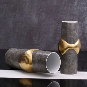 Light Luxury Classcial Grey Leather Gild Convex Ceramic Vase Decor For Dry Fresh Flower thumbnail-1
