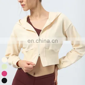 High Elastic Waist Running Sports Clothing Long Sleeve Double Head Zipper Short Gym Fitness Jackets Women Hooded Yoga Jacket thumbnail-1