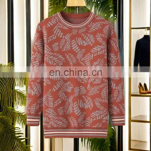 Custom Vintage 100% Cashmere Women's Crew Neck Pullover Knitted Intarsia Leaves Pattern Sweater for Winter OEM Service thumbnail-2