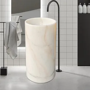 Factory Production Luxury Marble Colored Sink Round Shape Modern Stand Single Bathroom Pedestal Basin Pedestal Sink Polished thumbnail-1