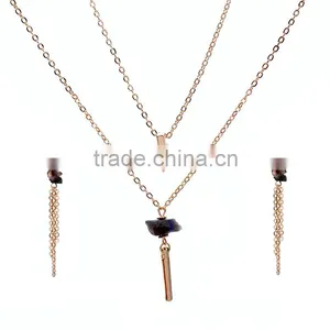 Fashion Gold Jewelry Chain Layered Gemstone Pendant Necklace Earring Set thumbnail-1