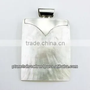 Rectangular Sterling Silver Shell Pendant On Pipe Bail thumbnail-1