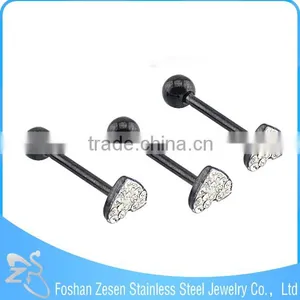 316L Black Steel White Crystal Heart Tongue Plug Body Jewelry thumbnail-1