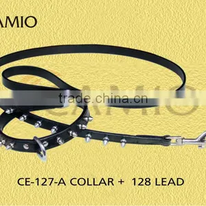 CE 127 A + 128 Leather Dog Collar + Dog Lead With Spicks thumbnail-1