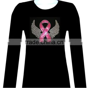 FASHION PINK RIBBON WINGS LONG SLEEVE RHINESTONE T-SHIRT thumbnail-1