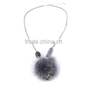 Winter Mink Fur Ball Pendant Necklace Geometric Bead Suede Leather Necklace Velvet Leather Necklace thumbnail-1