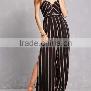 Oem Fashion Adjustable Cami Straps V-cut Neck and Back Striped Split-Leg Jumpsuit thumbnail-4