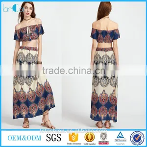 Vintage Print off the Shoulder Crop Top With Skirt Boho Clothing Top and Long Skirt Set thumbnail-1