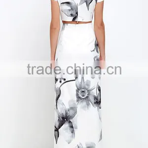 High Split Skirt With Short Sleeve Crop Top for Ladies 2017 New Fashion Water Printed Floral Two Pieces Sets thumbnail-3