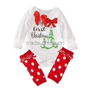 Christmas Tree Bow Tie Long Sleeve Romper and Kneepad Knit Two-piece Suit thumbnail-1