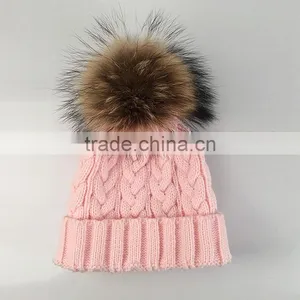 Myfur Fuzzy Big Raccoon Fur Bobble Cable Knit Hat Wholesale Girls Beanie thumbnail-2
