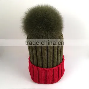 Myfur Adult Woolen Hat Bi-color Fox Body Fur Pom Poms Knitting Beanie Hat thumbnail-5