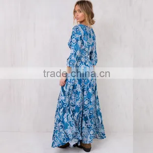 Paisley Print Long Sleeve Maxi Wrap Dress in Blue for Mature Women thumbnail-4