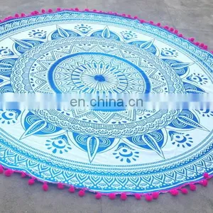 Blue Color Pink Pom Pom Round Omra Design 72 Inch Beach Mat Latest Fashion in USA thumbnail-1