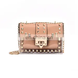 Messenger Bag Chain Shoulder, Bag Female Rivets Jelly Rivet Handbag Metal Buckle Transparent Square Pvc Handbag Clear Jelly Bag/ thumbnail-1