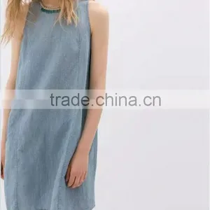 2014 New Design Ladies Sleeveless Denim Dress Women Light Bule Denim Jeans Dress Quality Choice thumbnail-5