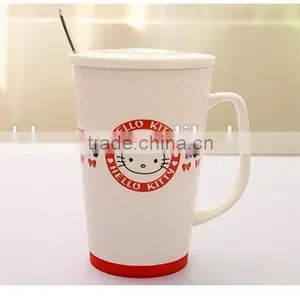 New Creative Hello Kitty Office Relief Ceramic Mug With Lid and Spoon thumbnail-3