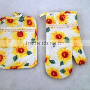 Sunflower Printed Cotton Linen 2 Pcs Kitchen Set Oven Mitten and Pot Holder thumbnail-1