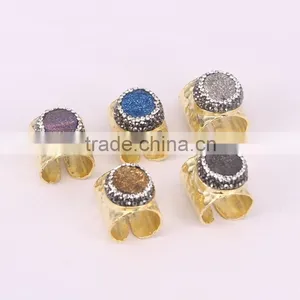 Natural Agate Stone Druzy Rings, Metal Copper Gold Plated Wide Band Crystal Zircon Paved Agate Ring thumbnail-1