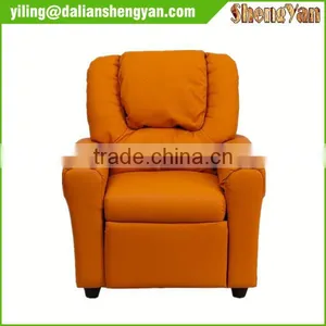 Contemporary Orange Vinyl Kids Recliner With Cup Holder and Headrest thumbnail-1
