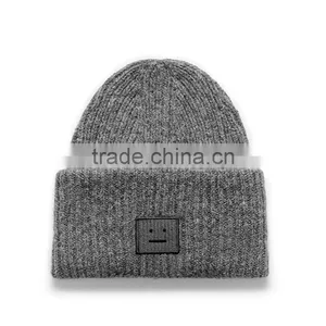 Unisex Knitted Ski Cap Beanie With Smiling Face Leather Patch thumbnail-1