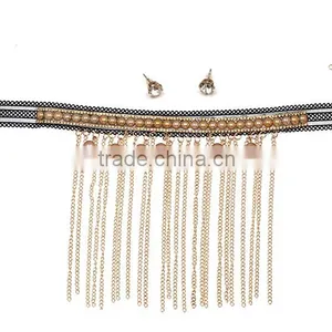 Fashion New Design Black Lace With Champagne Color Pearls Pendant Chain Tassel Choker Necklaces thumbnail-3