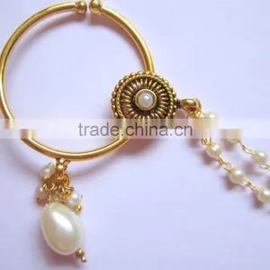 BIG HOOP NATH Press NOSE RING GOLD PLATED POLKI PEARL thumbnail-2