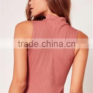 Pink Cut Out Mock Neck Zipper Infront Sleeveless Bodysuit Cotton Blends Sexy Scoop Neck Sweater thumbnail-4