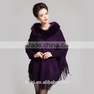 Personality Top Quality Luxury Cashmere Women Shawl Pashmina With Faux Fox Fur Trim Collar Tassel Poncho thumbnail-2