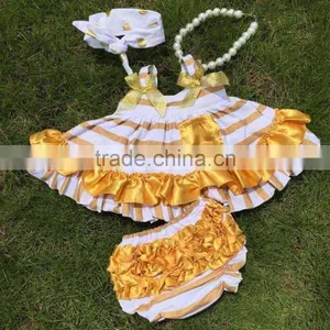 Hot Golden Stripe Swing Top Sets Newborn Girl Clothes Kids Swing Top Sets With Necklace and Headband thumbnail-1