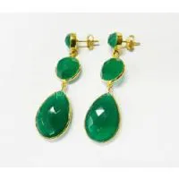 Green Onyx 3 Stone Bezel Setting Gold Plated Silver Earring thumbnail-1