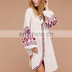 Balloon Sleeve Dress for Ladies Embroidered Button Down Shirt Dress for Casual thumbnail-6