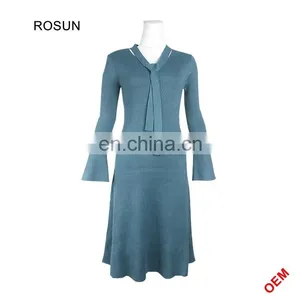 Latest Girls Sweater Round Neck Designs Knitted Midi Dress With Black Background For Spring of Wholesale Clothing thumbnail-3
