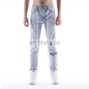DiZNEW Custom Mens Skinny Jeans in Blue Ripped Patches Trousers for Men thumbnail-2