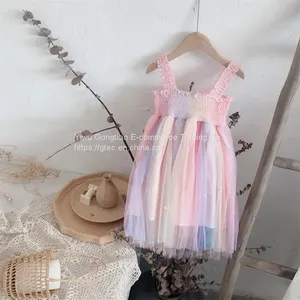 Kids Wear Dress Summer Girl Pretty Princess Dress Children Sling Sleeveless Rainbow Mesh Tutu Dress for Toddler thumbnail-2