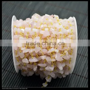 LFD-001C ~ Wholesale Gold Plated Wire Wrapped Freeform Rose Quartz Chips Chain Gem Stone Beaded Chain Jewelry Findings thumbnail-2