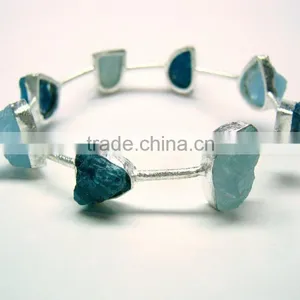 Aquamarine & Neon Apatite Multi Stone Rough Matt Bangle, 925 Solid Sterling Silver Bangle, Designer Natural Gemstone Raw Bangle thumbnail-1