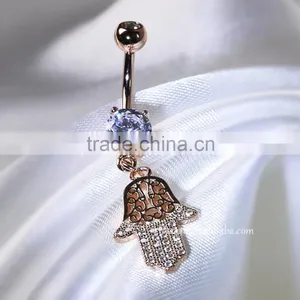 Rose Gold Plated Hamsa Dangle Belly Ring Body Jewelry Glue Navel Rings thumbnail-1