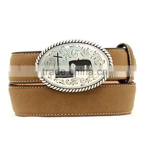Western Fancy Silver-tone Buckle Features Kneeling Cowboy Cross & Horse Cowboy Prayer Belt thumbnail-1