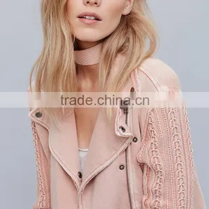 New Arrivals Autumn Winter Cropped Crochet Moto Ruffled Fashion Pink Jacket Girls thumbnail-5
