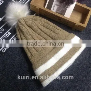Brand Design 2016 Newly Design Women Winter Warm Crochet Knitted Hat Striped Cap Beanie With Faux Fur Ball thumbnail-3